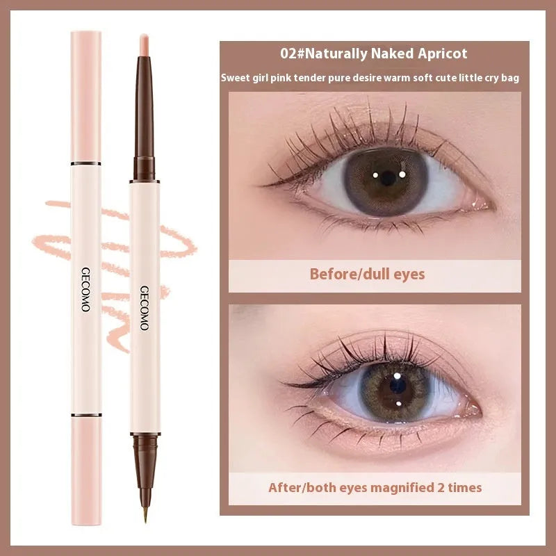 Double headed silkworm eyeliner pen in pearlescent floating platinum and born nude apricot shades