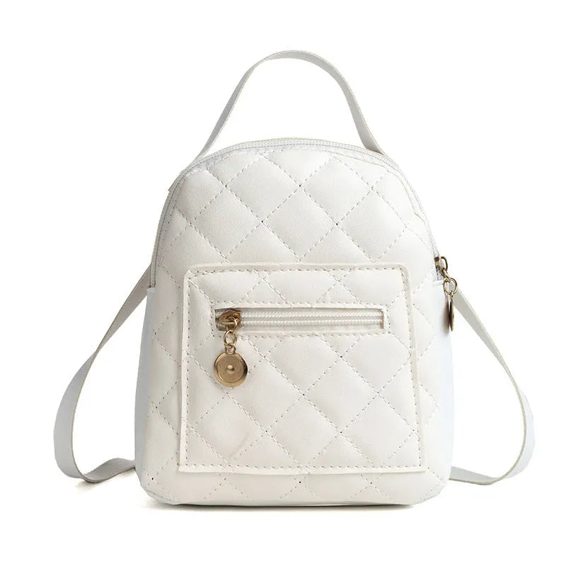 Girls' Korean style embroidered backpack in hard PU material showing vertical square shape and sandwich pocket