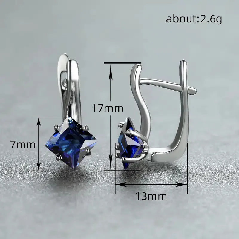 Copper diamond design earrings with inlaid zircon stones in blue, green and colour options