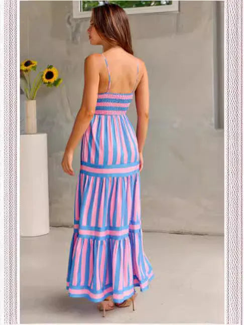 Women's striped backless summer dress with square neck, suspender straps, and pockets in polyester-spandex fabric