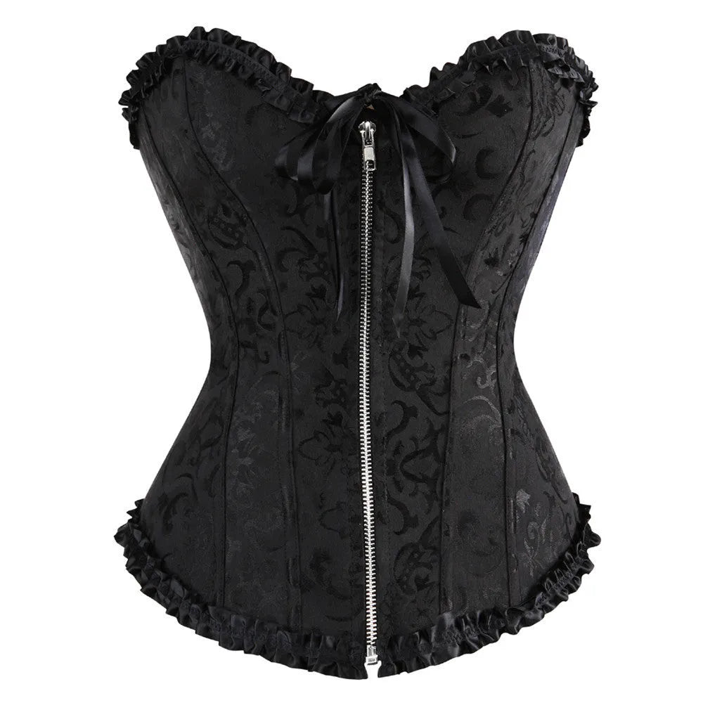 Women's front zip jacquard corset in spandex fabric for waist support and shaping