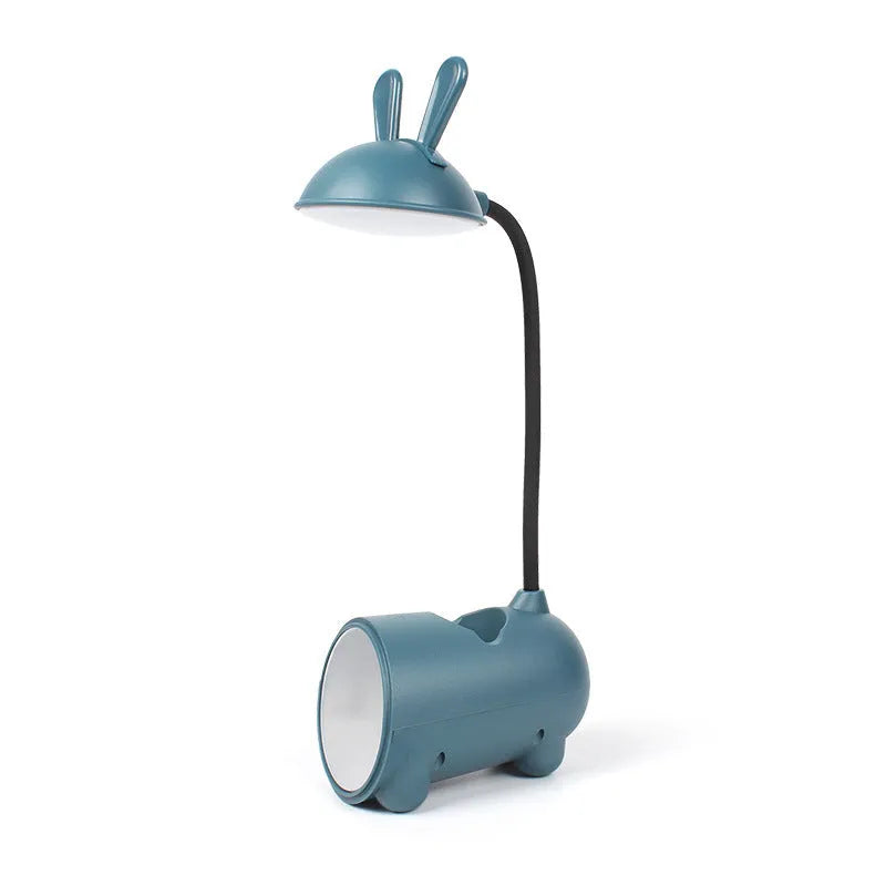 Cartoon-style USB desktop lamp with pen container in green, dark blue, or pink colour
