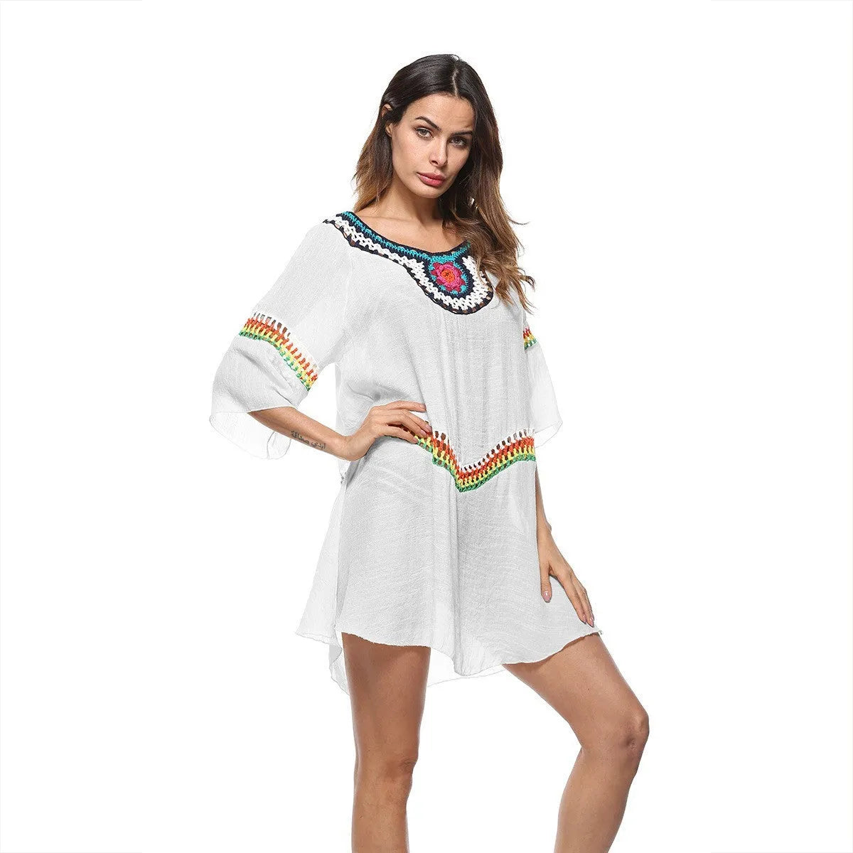 Crocheted ethnic style beach sun protection clothing for women in white, black, blue or apricot