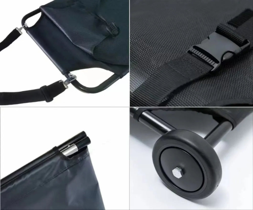 Large black aluminium alloy foldable pet stretcher unfolded on the ground for dog emergency transport.