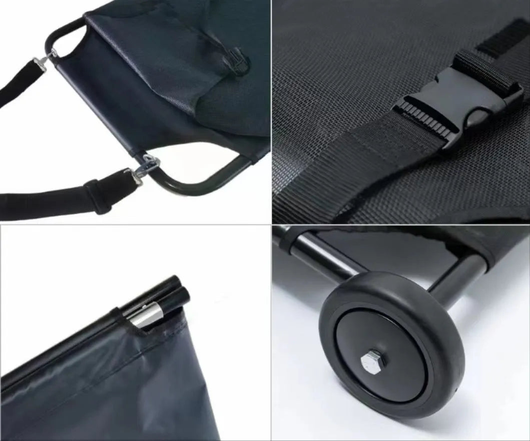 Large black aluminium alloy foldable pet stretcher unfolded on the ground for dog emergency transport.