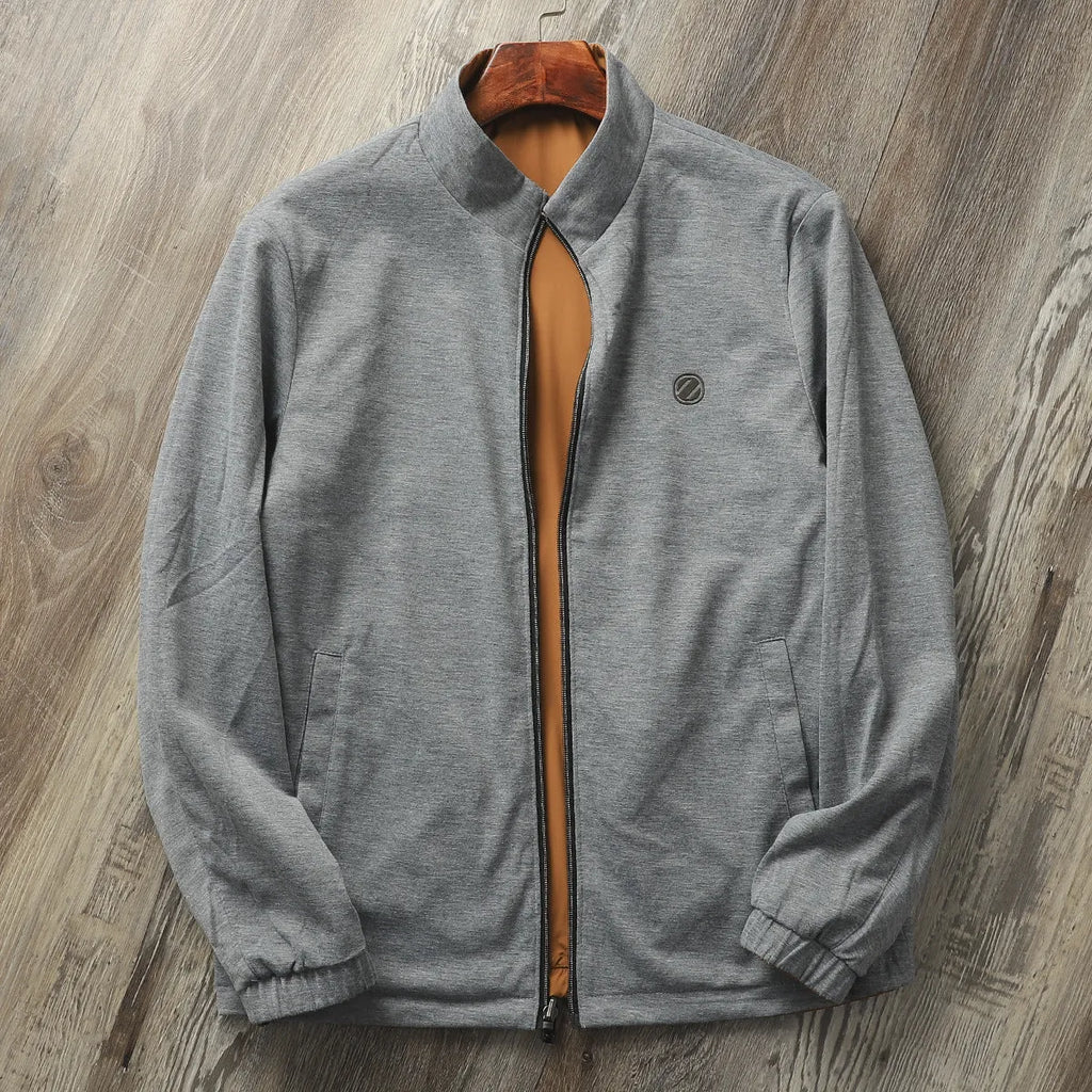 Men's stand collar business casual jacket in polyester cotton blend fabric showing regular fit and standard sleeves