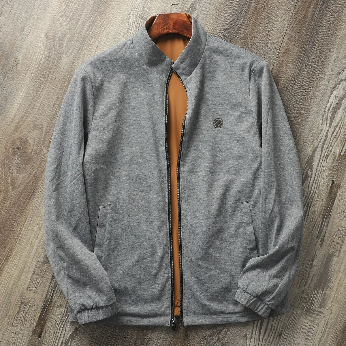 Men's stand collar business casual jacket in polyester cotton blend fabric showing regular fit and standard sleeves