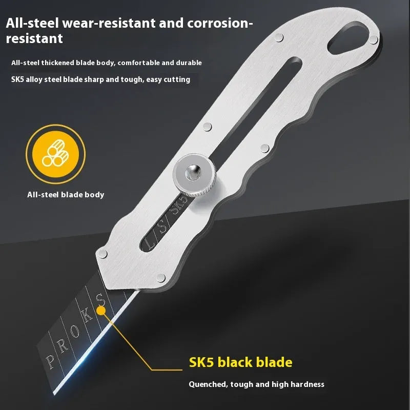 Stainless steel folding utility art knife with black blade and included long and trapezoidal blades