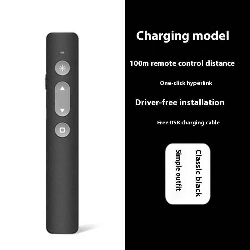 A black, white, or pink remote control pen for presentations with a laser pointer and digital annotation functions.
