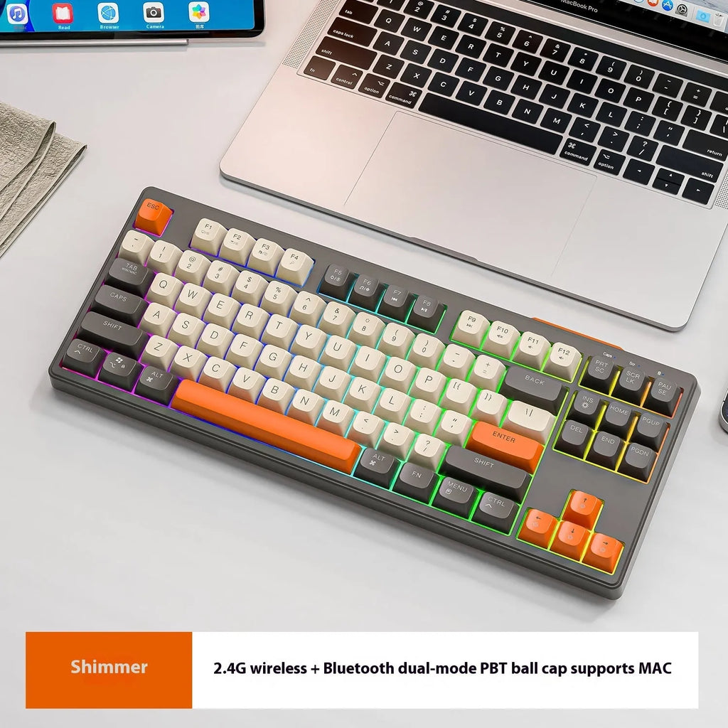 Free Wolf M87 wireless Bluetooth dual-mode mechanical feeling keyboard in blueberry colour on a desk.