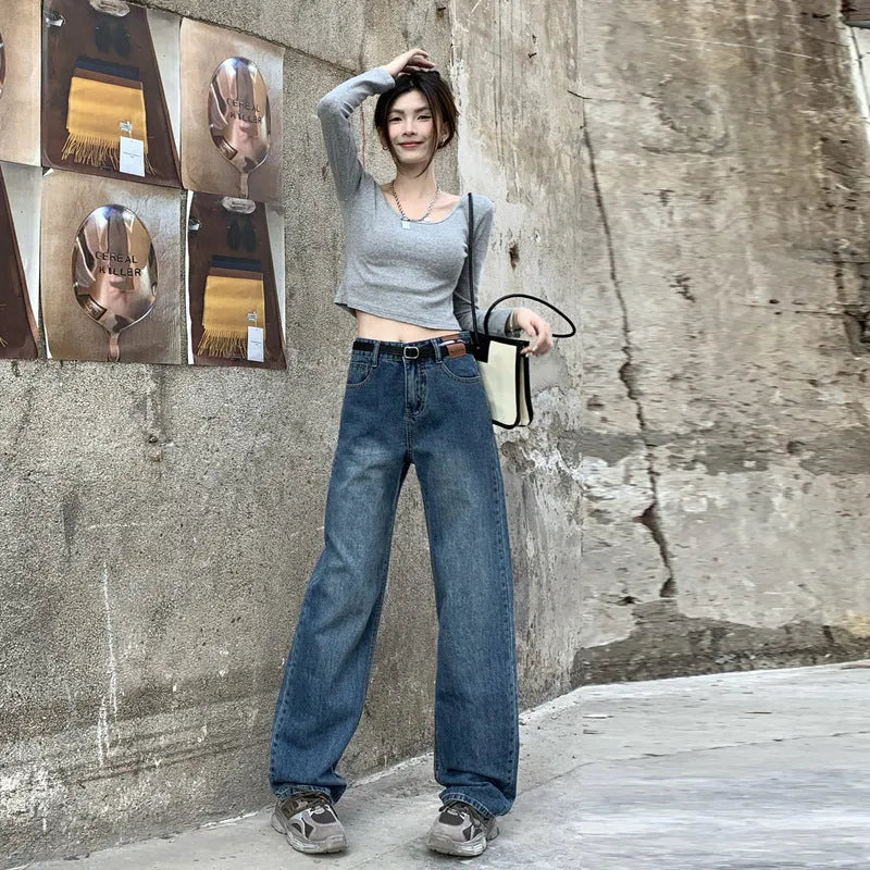 Women's retro blue straight leg jeans with high waist and non-stretch cotton denim fabric in three length variations