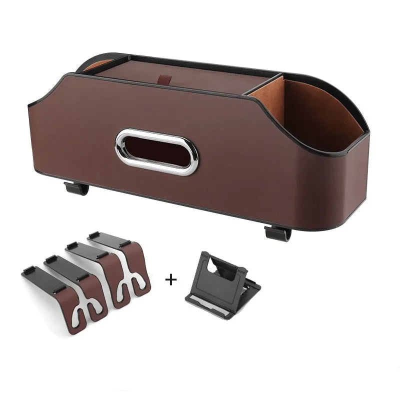 Genuine leather car tissue box holder with cup holder and buggy storage compartments