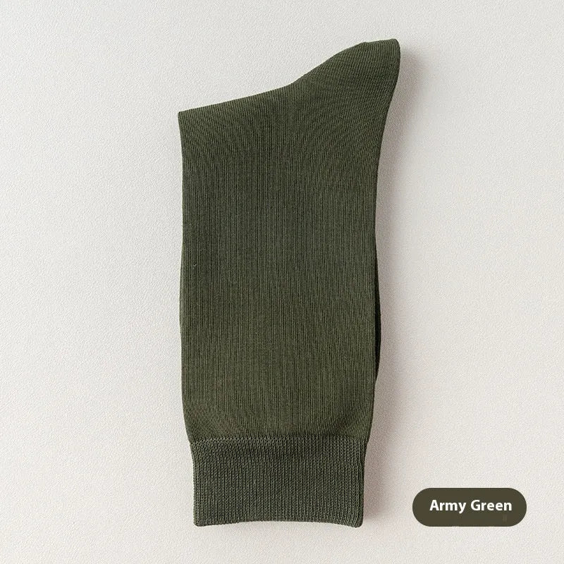 Men's solid colour pure cotton mid-calf business socks in beige, black, grey and blue shown folded.