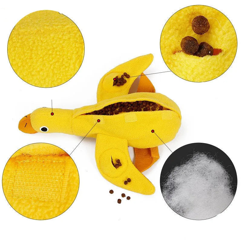 Yellow teddy dog toy with an attached duck doll, showing integrated food leak pockets for treats.
