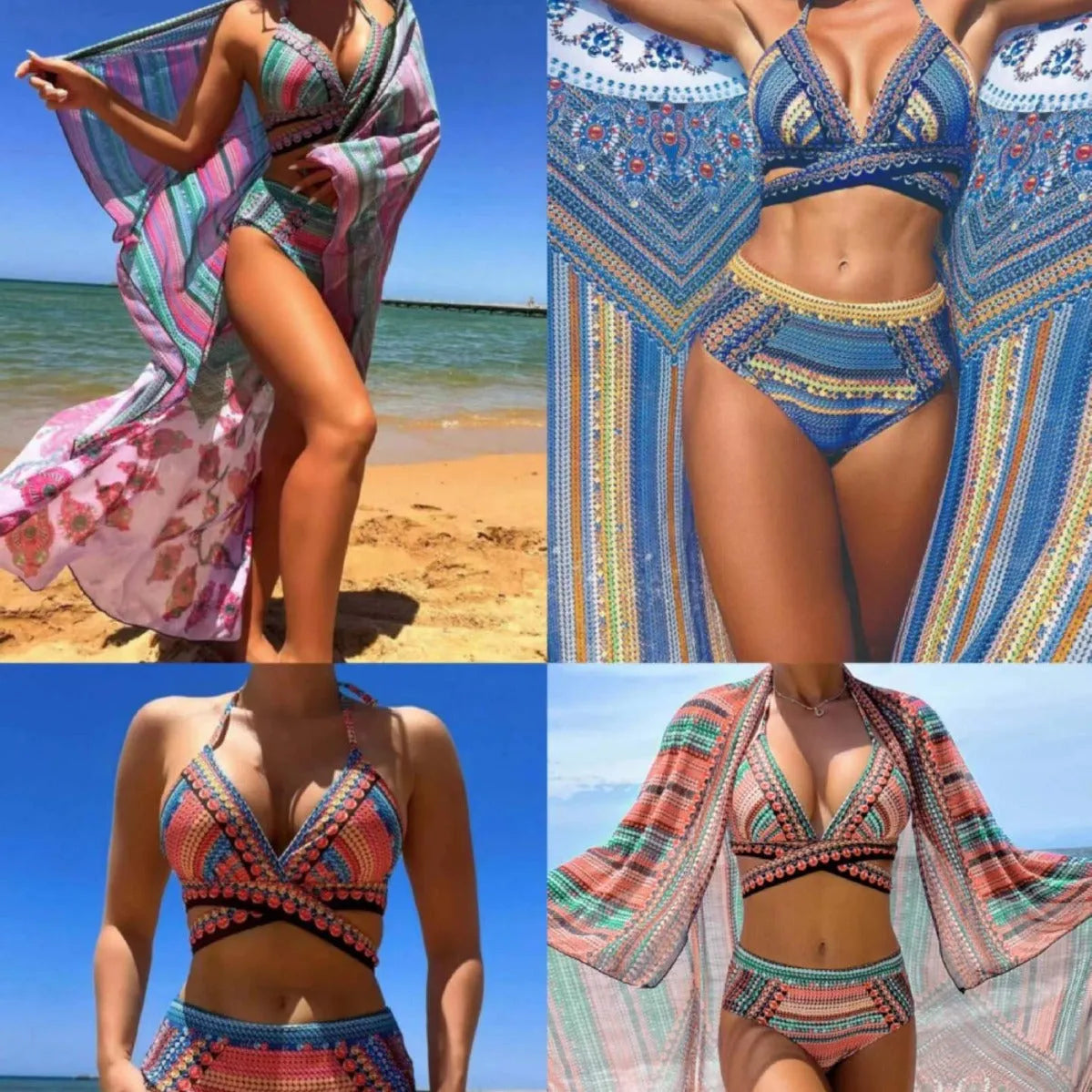 Women's three-piece swimsuit set showing cross bandage top, bra, and high waist briefs in coordinating colours