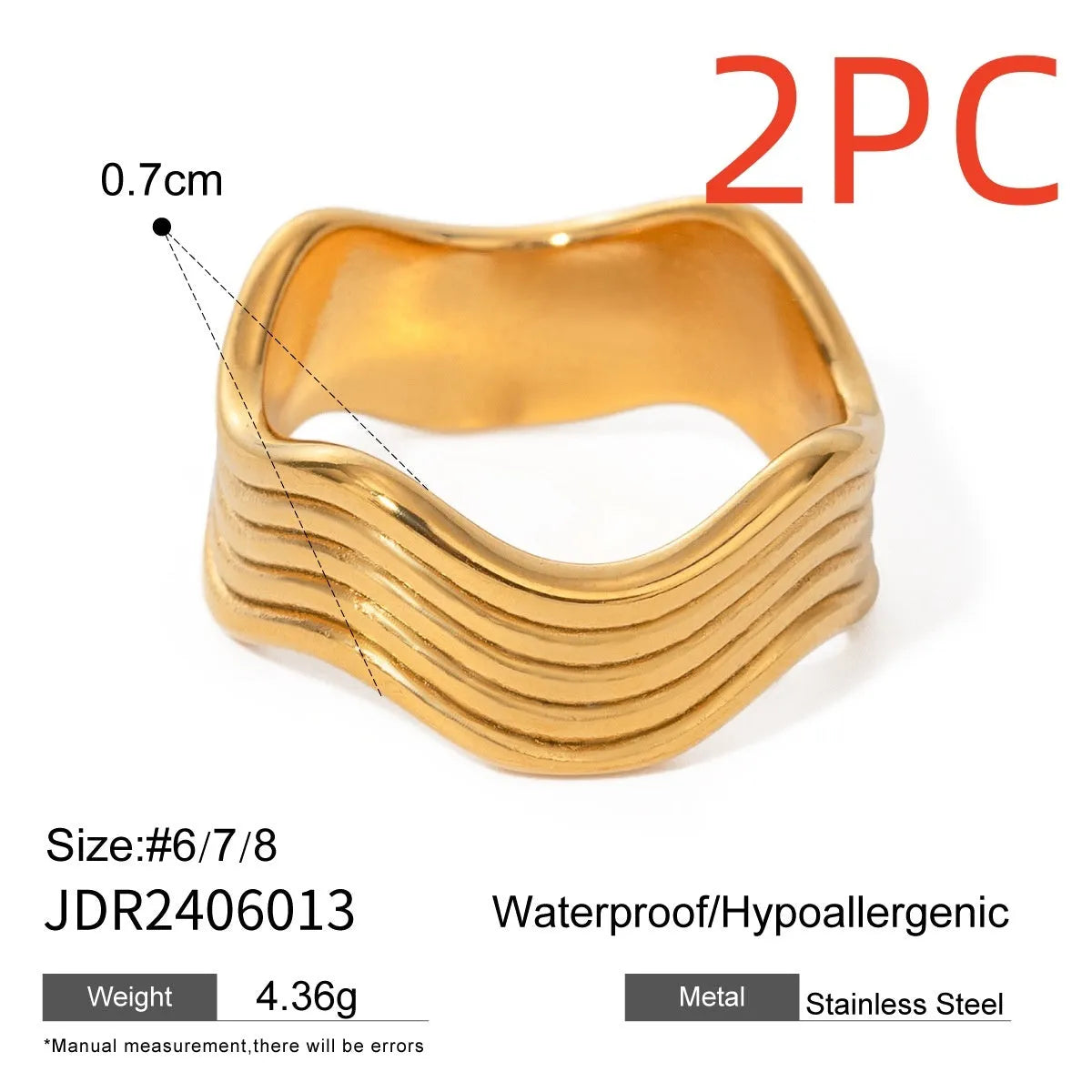 A women's stainless steel ring with a wide, sculptural geometric wave design and an electroplated silver-toned finish.