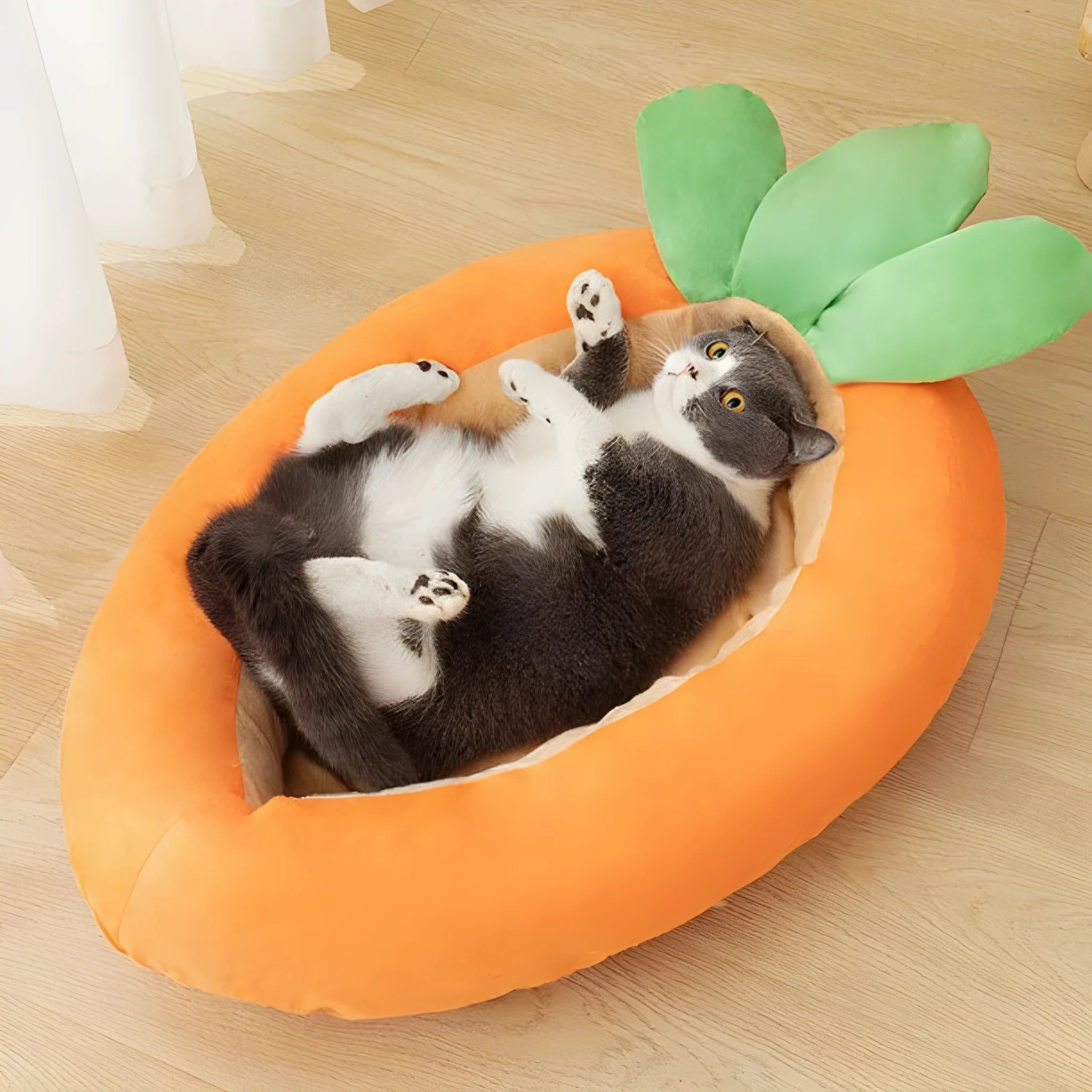 Carrot orange double-sided dog mattress with removable cloth cover, shown in medium and large sizes.