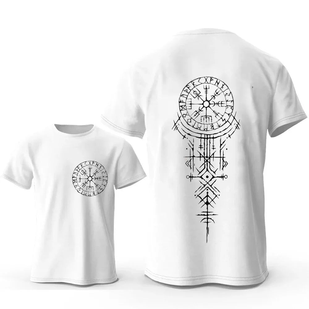 Viking rune compass graphic on a men's pure cotton T-shirt.