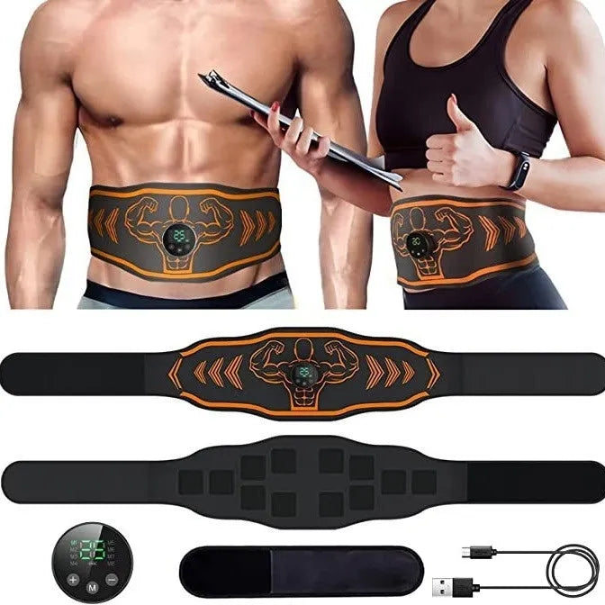 Smart EMS massage belt with rechargeable host unit and arm electrodes in orange and blue colour options