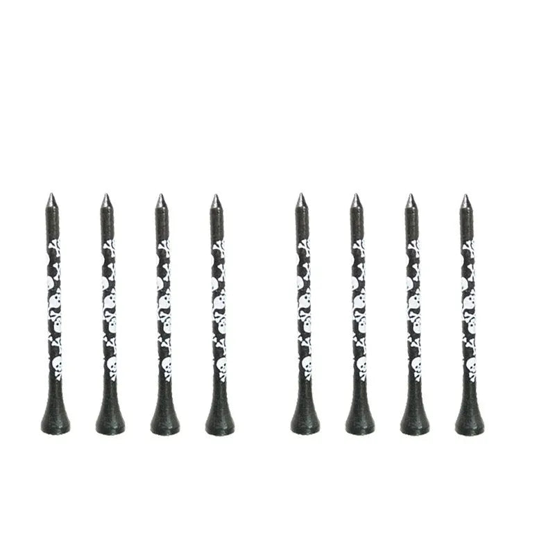 Ten black bamboo golf spike dowel pins with skull print decoration in 70mm and 83mm lengths