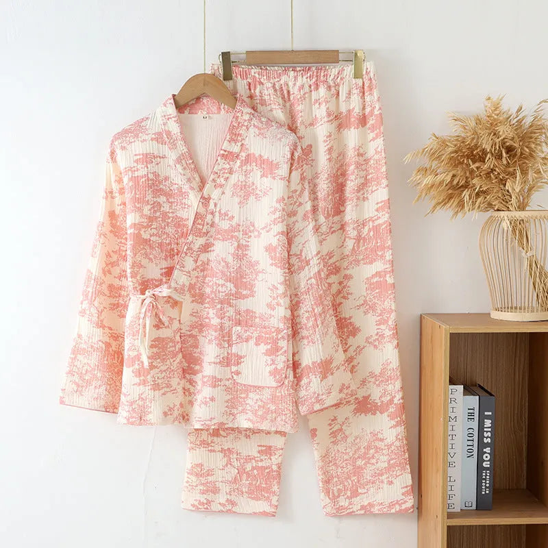 Ladies pure cotton gauze long sleeve trousers suit set in frosted pine trees colour