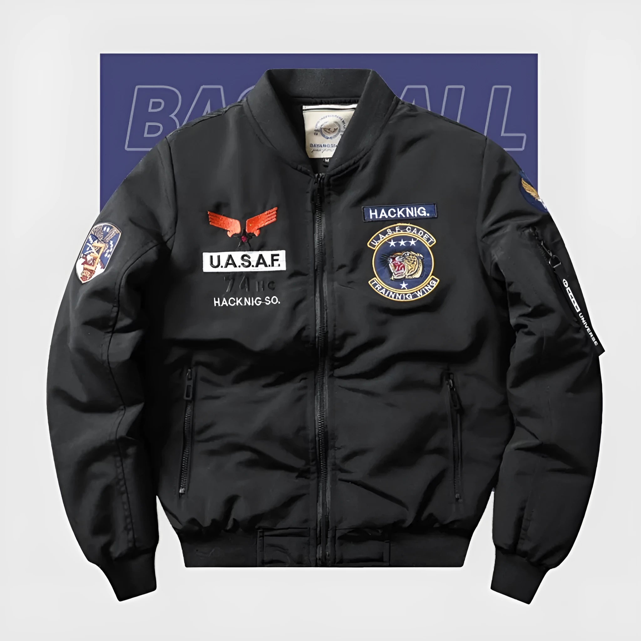 Men's slim-fit black retro motorcycle jacket with stand collar and embroidery.