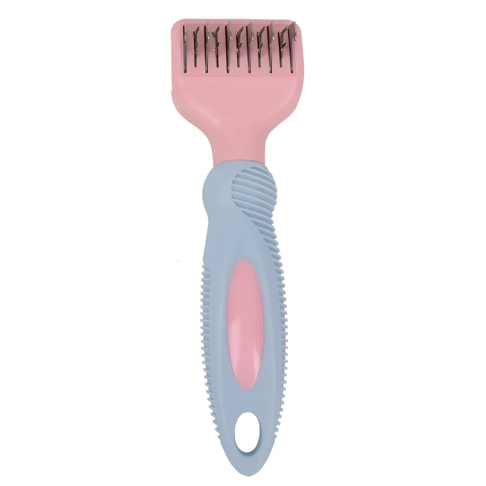 Stainless steel pet grooming comb with integrated knot knife, shown in pink and purple colour options.