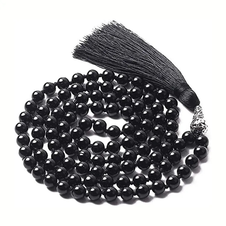 Long colourful agate and stone bead necklace with a geometric tassel, measuring 95-100cm