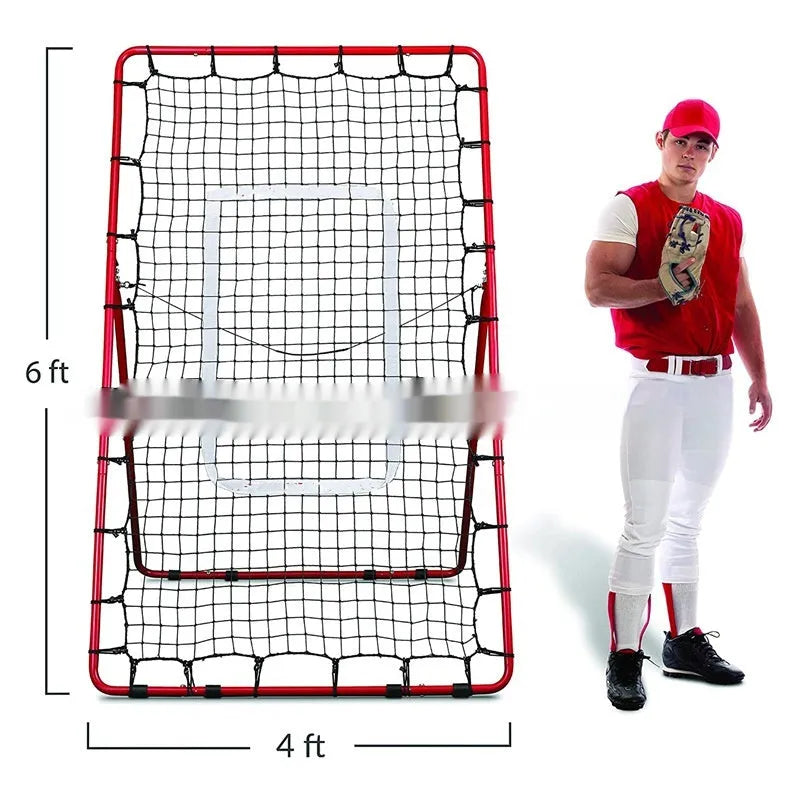 Red adjustable metal baseball training net with 4x6ft catching area for pitching practice