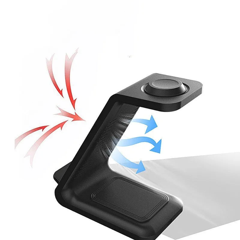 Black and white upright wireless phone charger with dual coil QC3.0 charging on desk