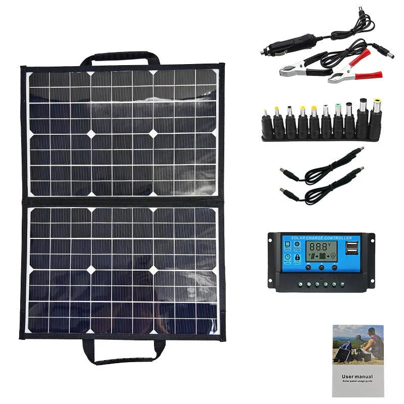 Black 40W folding solar panel unfolded for use with portable carrying bag