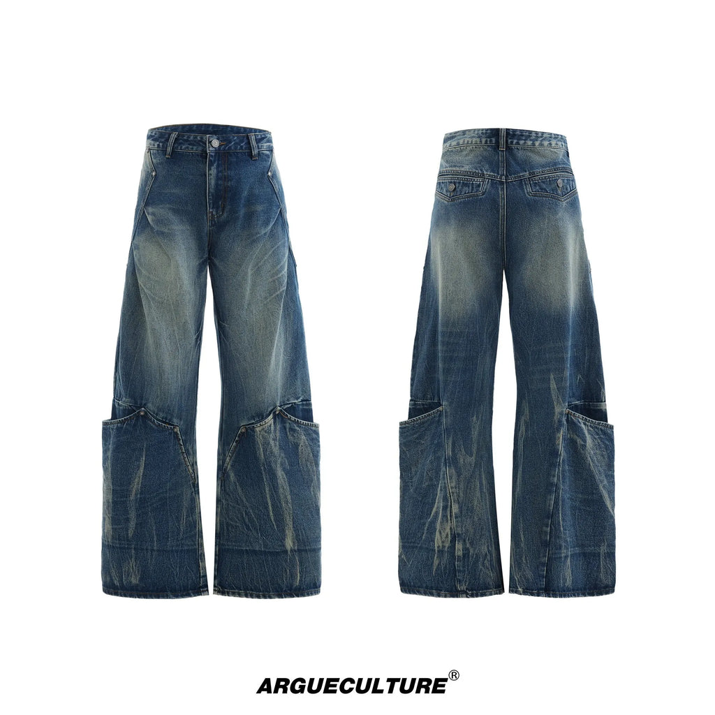 Men's verdant blue loose fit curved knife jeans with retro wash and burst pattern detail