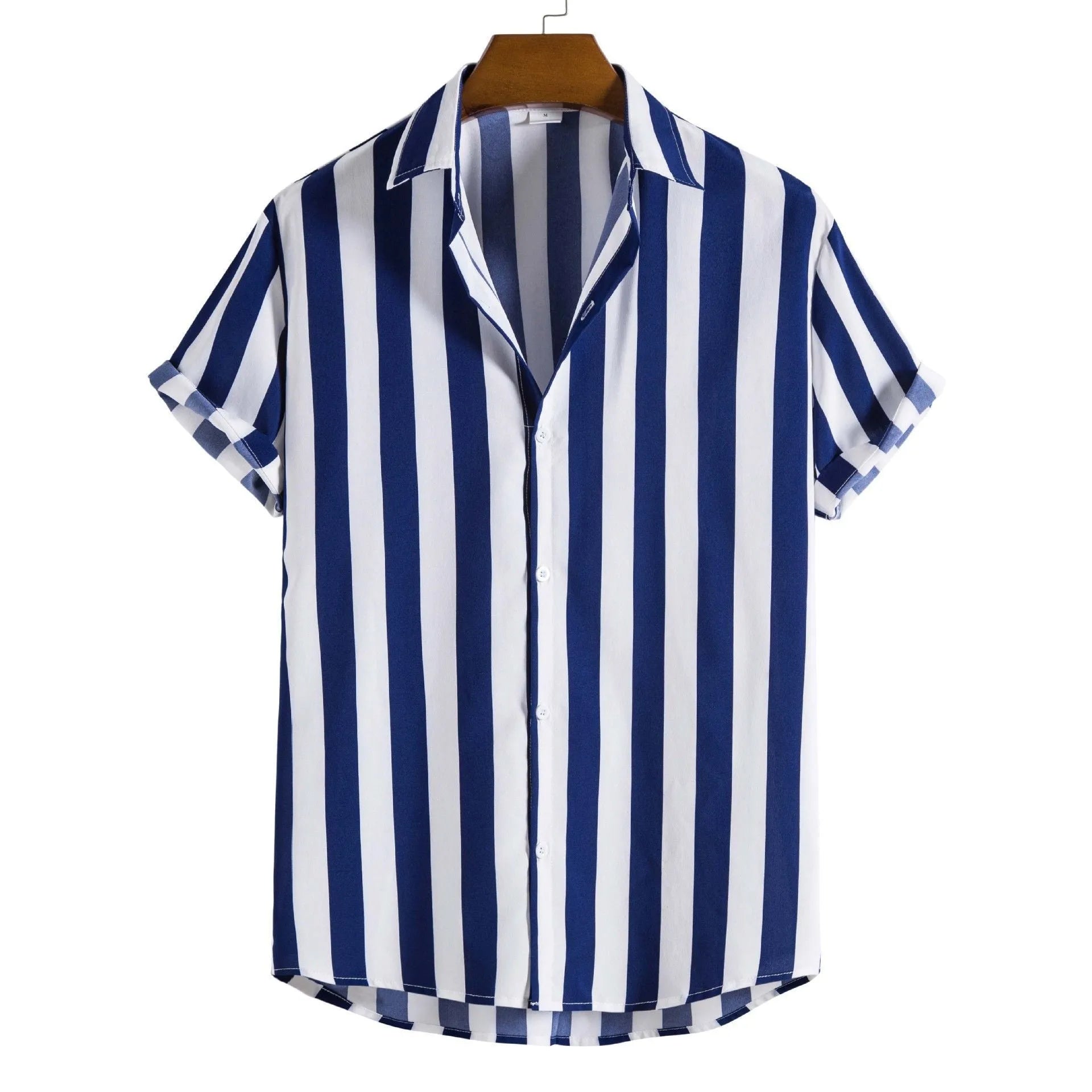 Loose fit blue polo shirt with white printed letters on the chest, short sleeves.