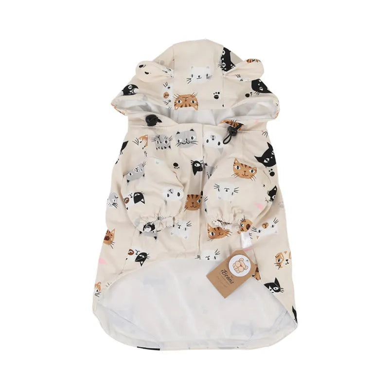 Beige cartoon pattern dog raincoat with double waterproof coating and PU material