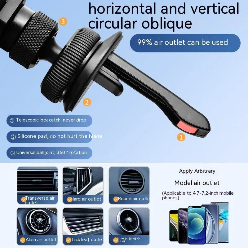 Aluminium alloy car phone mount bracket showing air vent and paste mounting versions in three colours