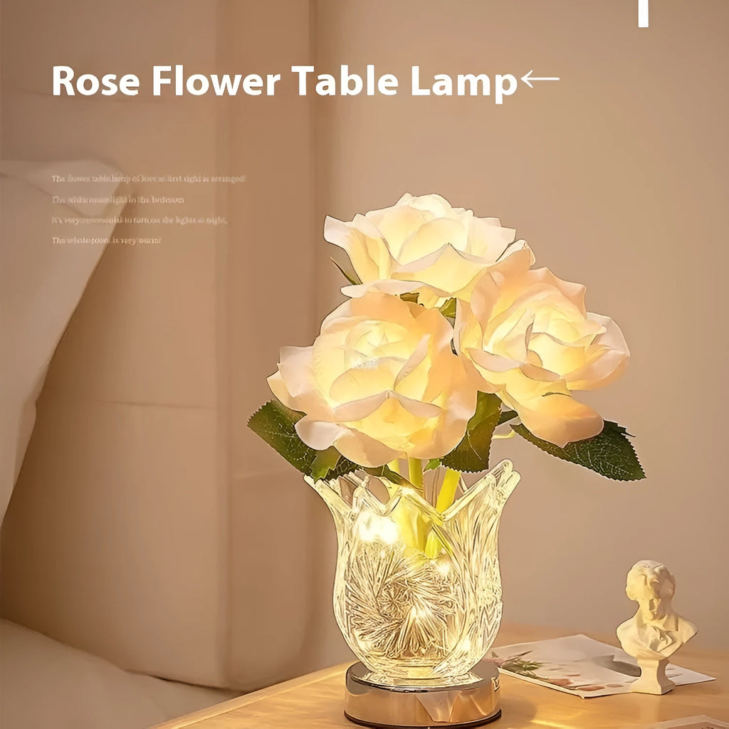 Crystal flowers decorative touch table lamp with USB charging cable on wooden bedside table