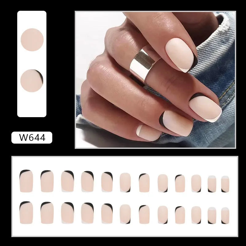 Black and white frosted press-on false nails with French manicure style and plastic wearable armour