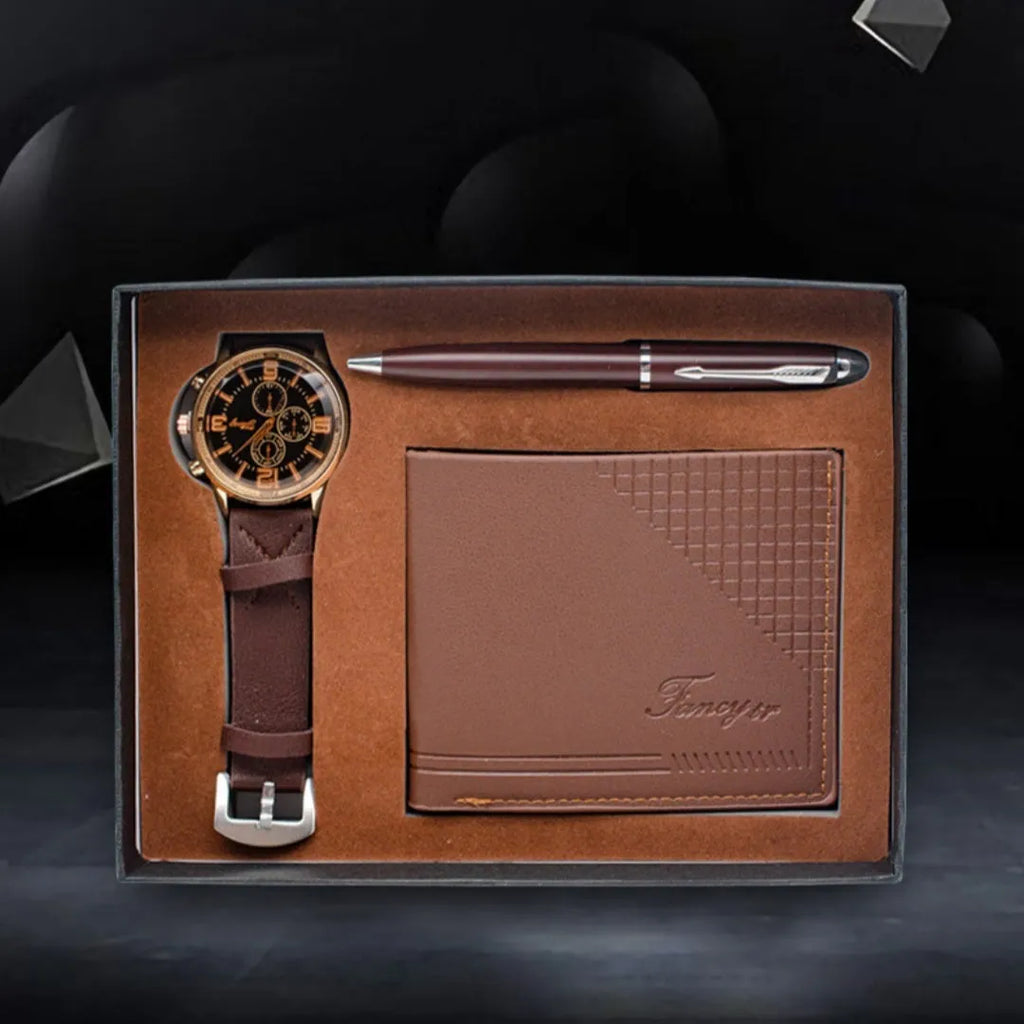Business gifts set showing wallet, pen and watch in modern black presentation within OPP gift box