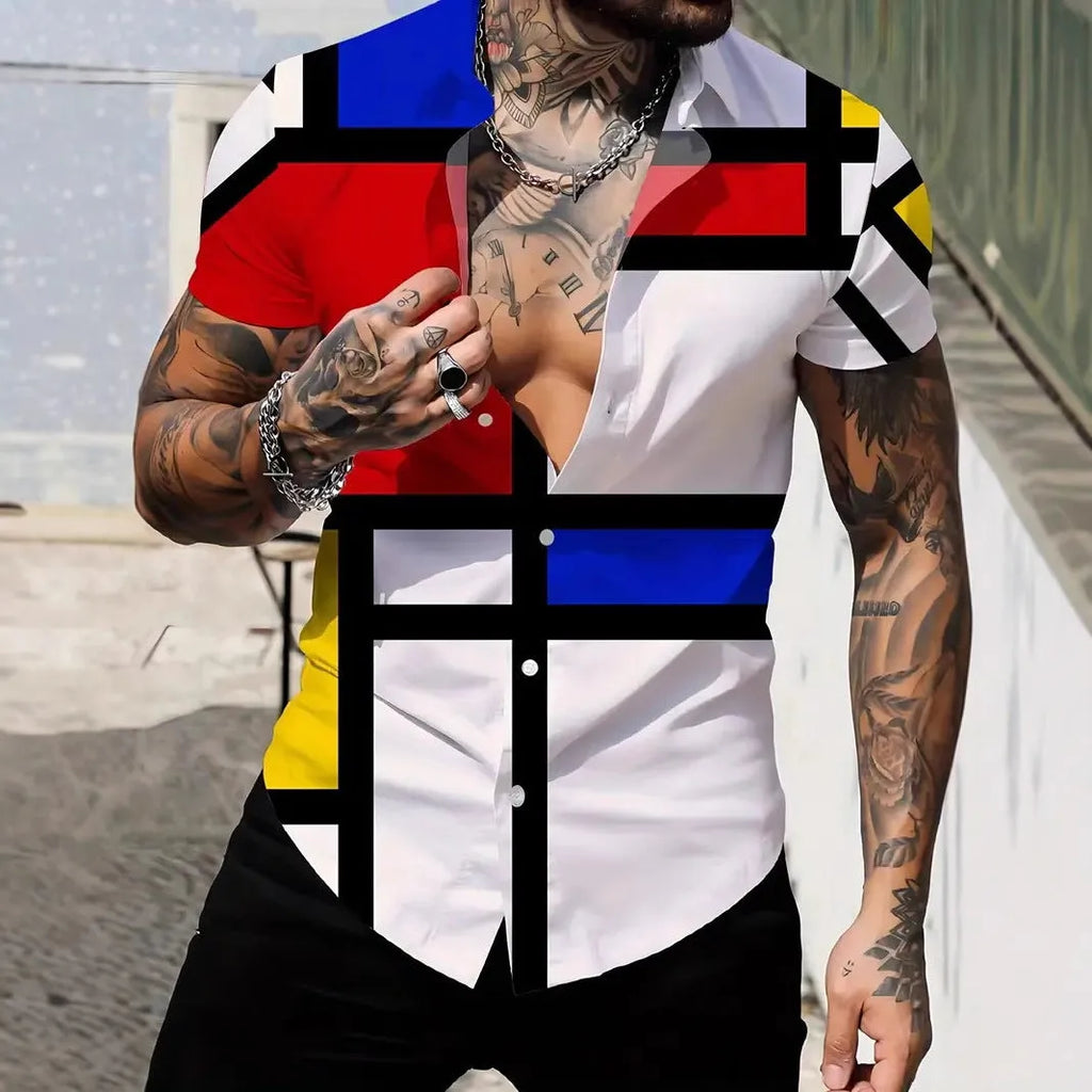 Men's slim fit geometric line print lapel short sleeve shirt in a colour from the available range.