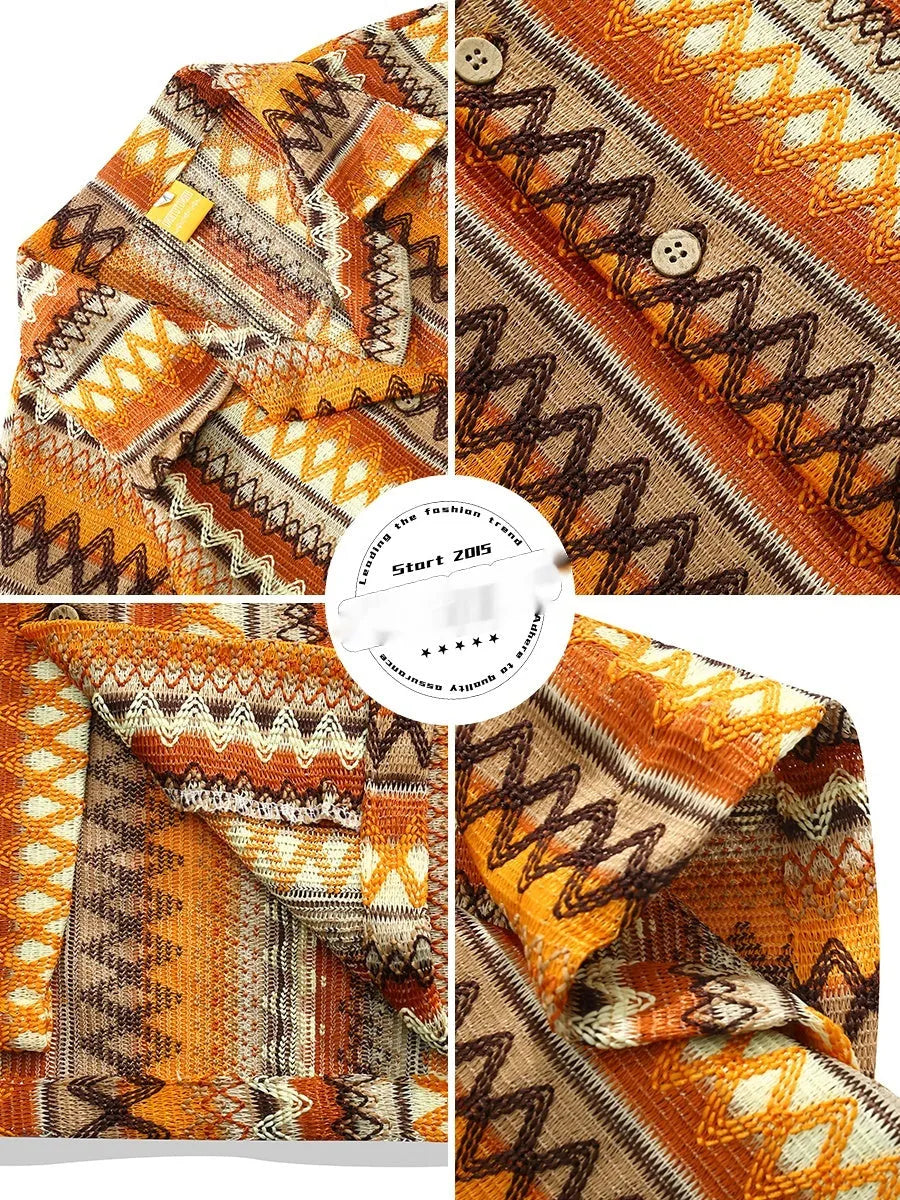 Ethnic style woven shirt with Cuban collar and drop shoulder sleeves in contrast colours