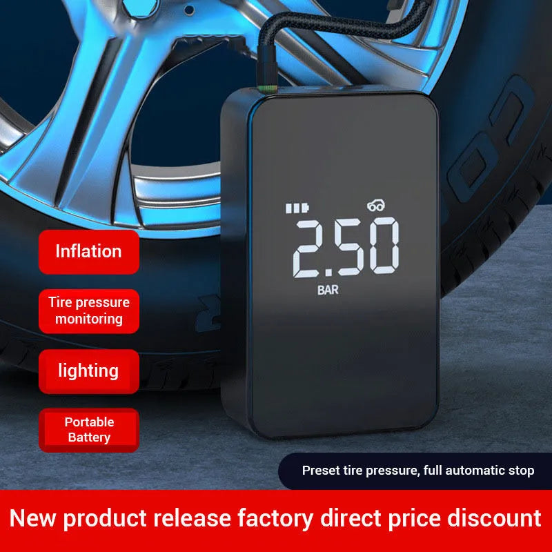 Portable wireless tyre inflator pump with digital display screen showing pressure readings