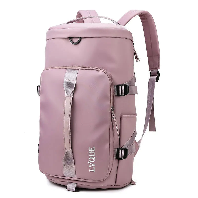 Waterproof nylon gym backpack with combination lock showing shoe compartment and multiple pockets