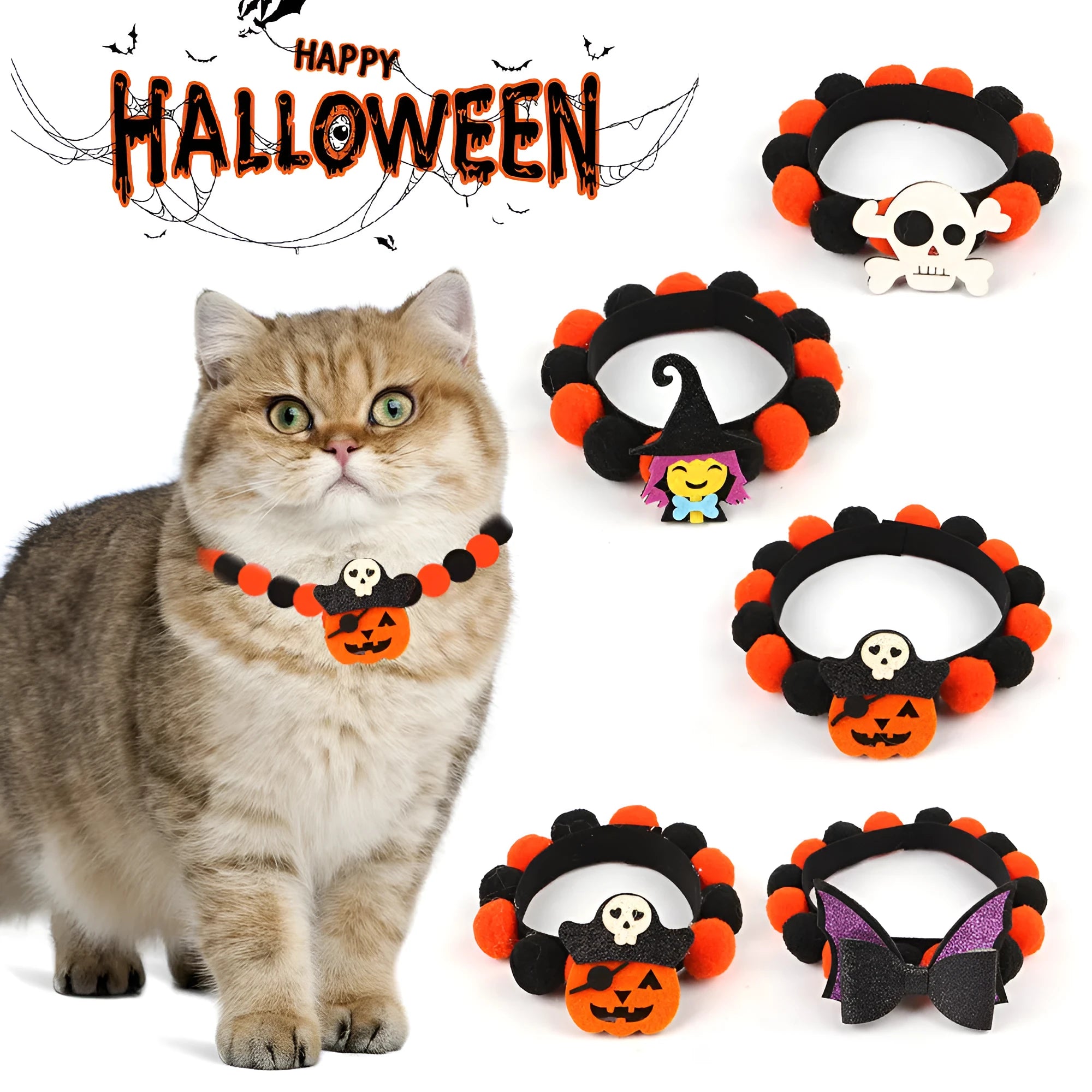 Halloween dog collar with a large orange pom-pom and pumpkin design on an adjustable black band.