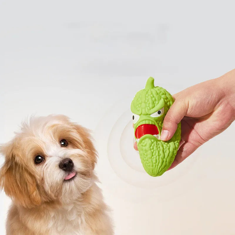 Dog chew toy in bitter gourd or chili pepper shape with sound feature for dental grinding