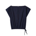 Women's linen blend off-neck shirt with flounced sleeves and matching wide leg trousers set.