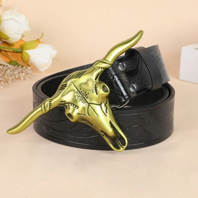 Men's belt with cow head alloy buckle in imitation leather with pin buckle fastening
