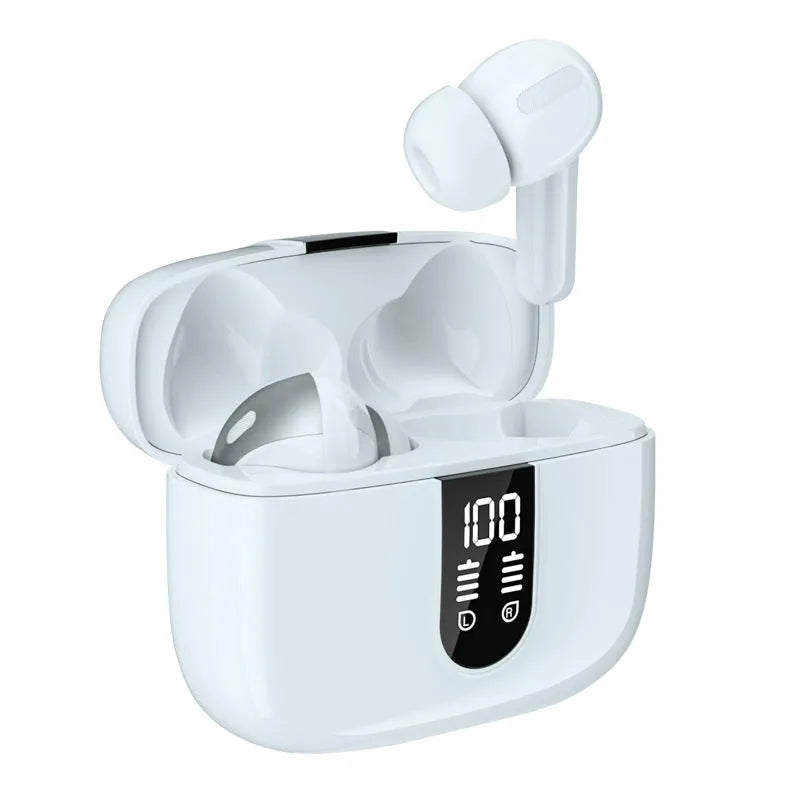 Jerry X08 wireless Bluetooth headphones with digital display, in-ear subwoofer design, and charging case