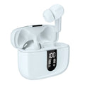 Jerry X08 wireless Bluetooth headphones with digital display, in-ear subwoofer design, and charging case