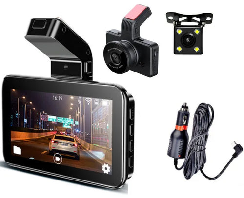 3-inch screen car dash cam DVR with dual lens for front and rear vehicle recording.