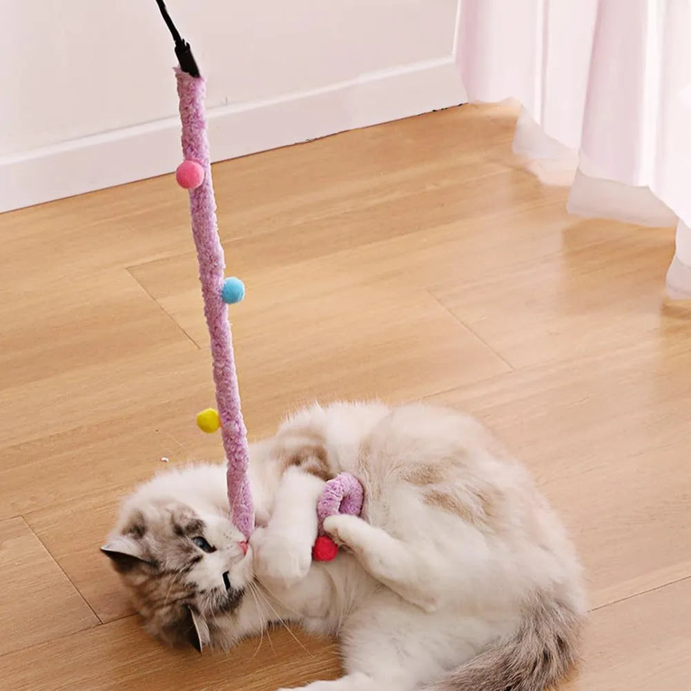 Blue green pink plush strip cat wand toy with bell on 41cm pole